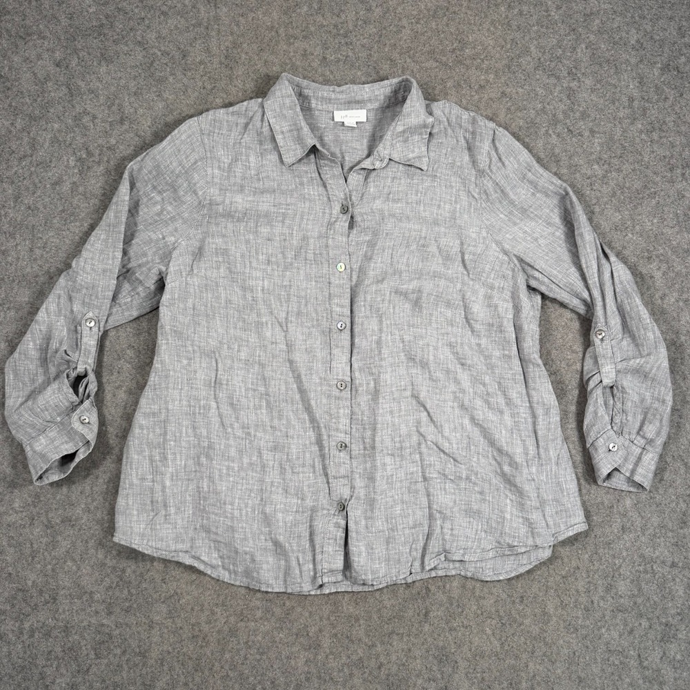 J. Jill Love Linen Gray Long Sleeve Button Down Tunic Top Women's Size PL